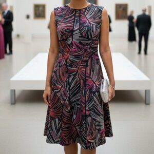 London Times Dress Womens Brown Career Geometric Stripes Sz 4 Fit Flare Flirty